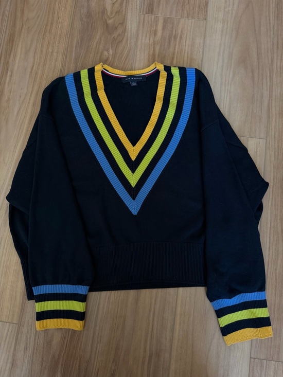 Tommy Hilfiger Sweaters - Tommy Hilfiger Black V-Neck Sweater with Blue, Yellow & Lime Stripes